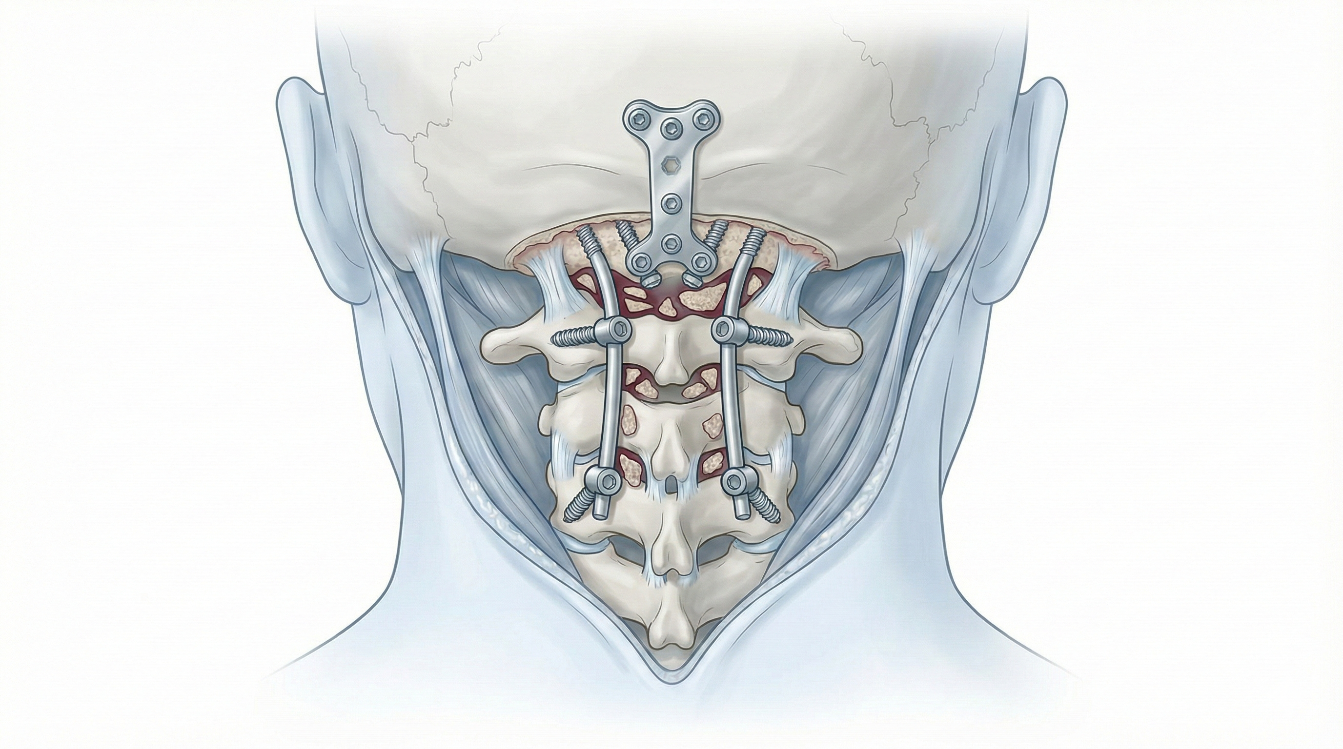 Ilustración de fusión occipitocervical con placa occipital y tornillos cervicales que estabilizan la unión cráneo–cervical.